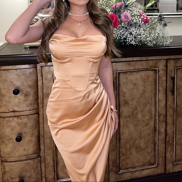 OhPolly A MINUTE PAST MIDNIGHT Cowl Neck Midi Dress In Beige - Picture 4 of 16